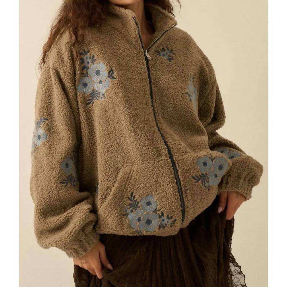 NEW PROMESA warm blossoms floral-embroidered fleece jacket in espresso